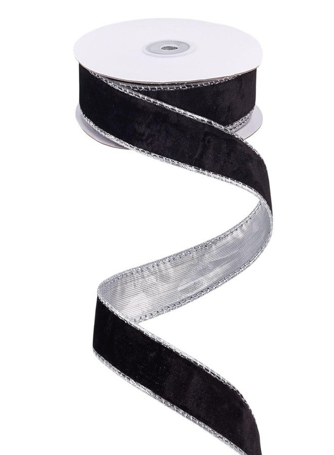 MAYJOYDIY 10 Yards Black Velvet Wired Ribbon with Silver Metallic Backing 0.98 Inch Single Sided Velvet Decorative Ribbon for Christmas Tree Garland Wreath Party Decoration Gift Wrapping - Image 1